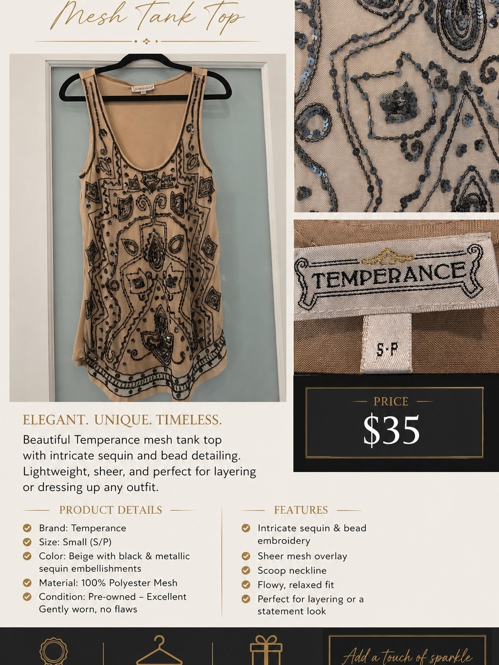 Beige Mesh Tank Top with Black & Metallic Embellishments